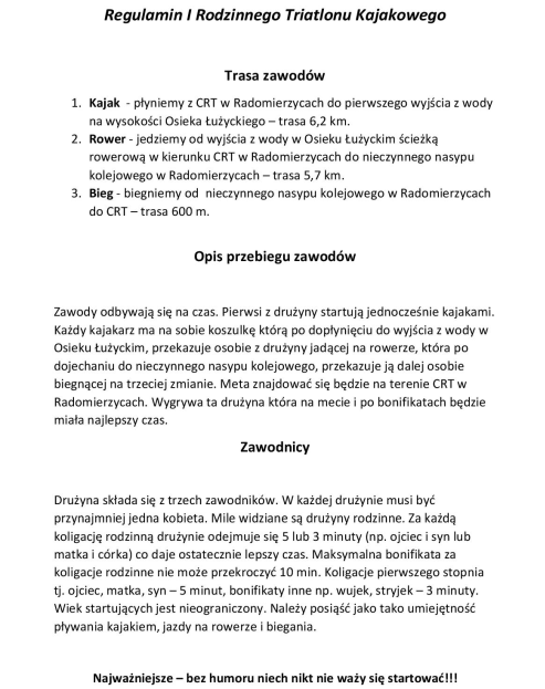 Regulamin Rodzinnego Triathlonu Kajakowego 2019